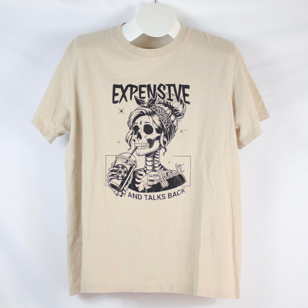 Beige Expensive Difficult Talks Back Skeleton Graphic T-Shirt Women's Size XL